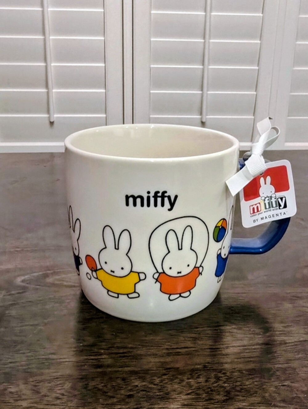 miffy White Ceramic Mug with Colorful Bunny Print and Blue Handle